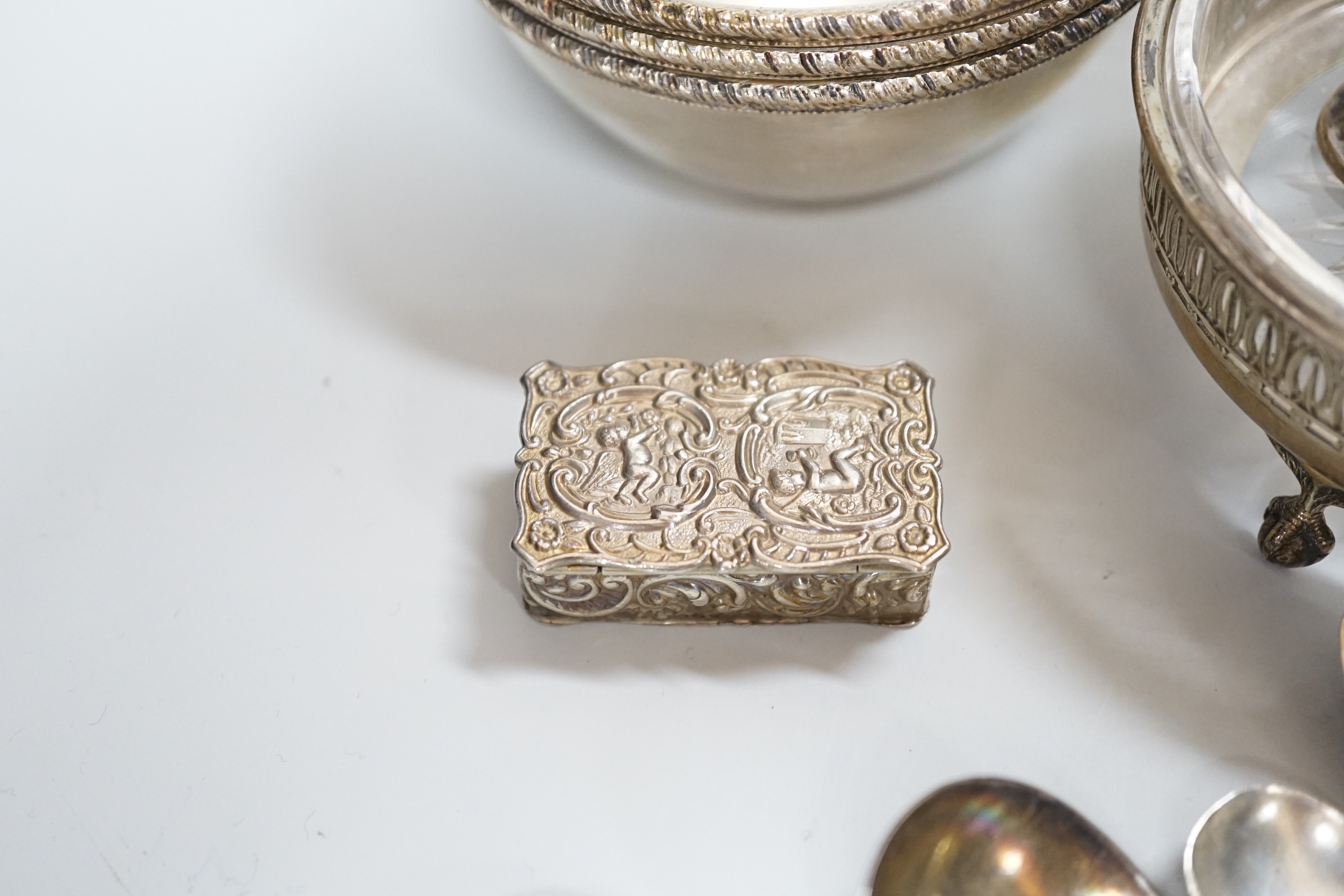 Sundry small silver including two sets of teaspoons, butter dish, coaster condiments and flatware and three white metal finger bowls stamped 'Silver'.